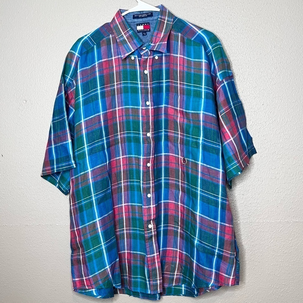Tommy Hilfiger Mens L Multicolor Plaid Short Sleeve Button Up Shirt 100% Linen